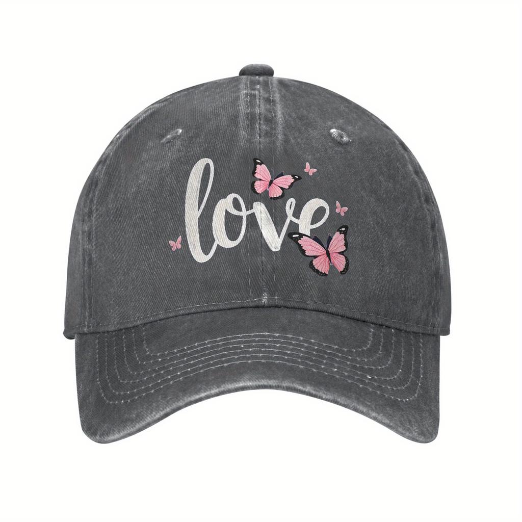 Love Butterfly Print Denim Washed Baseball Cap Vintage Polyester Casual Adjustable Hat Unisex