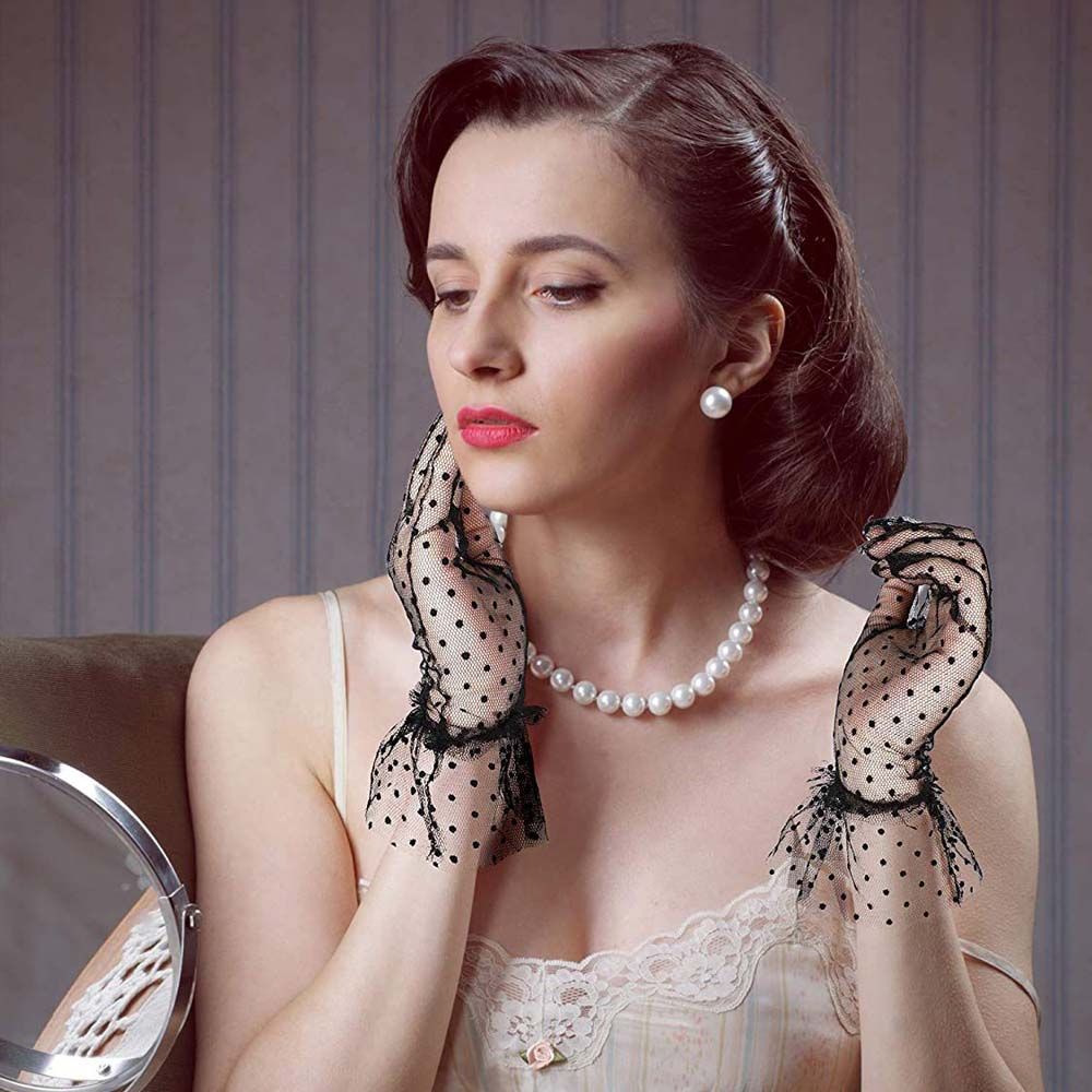 Stretchy Lotus Leaf Driving Full Finger Lace Gloves Polka Dot Gloves Women Lace Gloves Korean Style