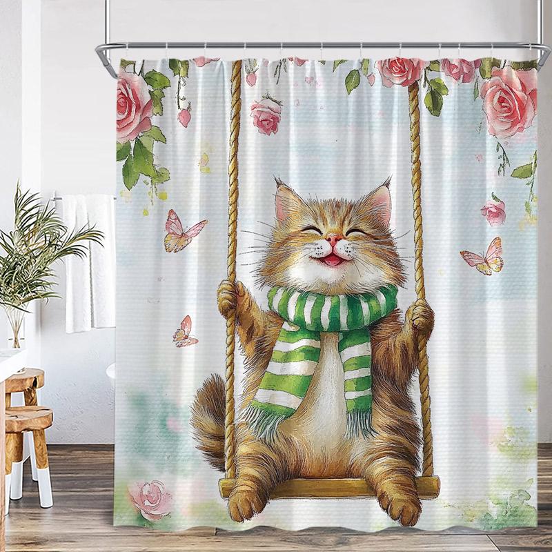 Cute Cat Shower Curtain Pink Cherry Floral Tree Asian Oriental Watercolor Flower Funny Animal Green Grass Bathroom Curtain Decor