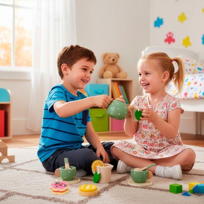 Jeu culinaire en bois - SPRINGOS - Set petit-déjeuner 14 pièces - Plateau, théière, tasses - Pour enfants 3+