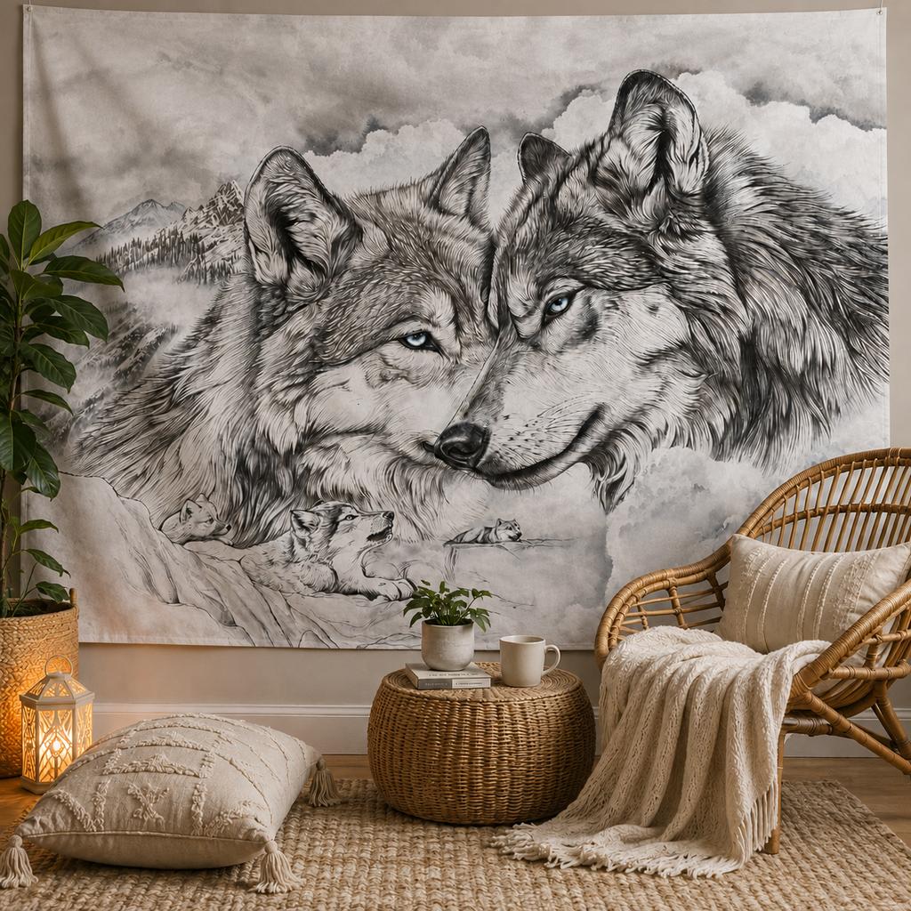 Wolf Family Sketch Tapestry Bedroom Wall Hanging, Party Photo Booth Backdrop, Live Broadcast Studio Shooting Background Cloth