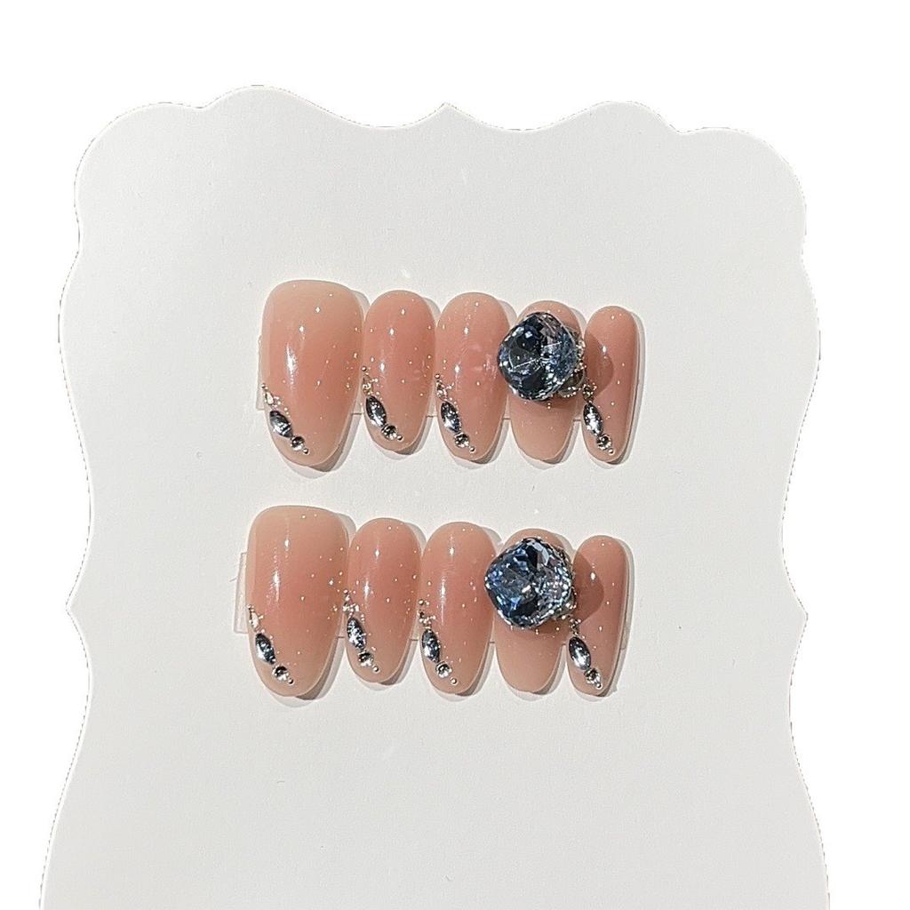 Blue Diamond Gentle Blush Design Sense Fingertip Broken Drill Peacock Blue K9 Pile Diamond Light Luxury Wearable Nail Piece