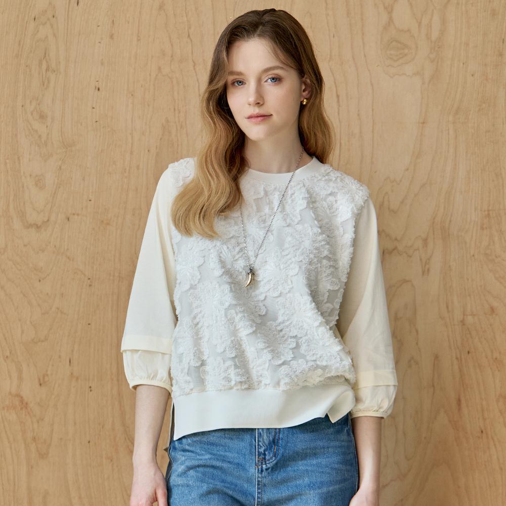 Maja Fringe Flower Embroidery 3/4 Sleeve Blouse T-Shirt Ivory/Free