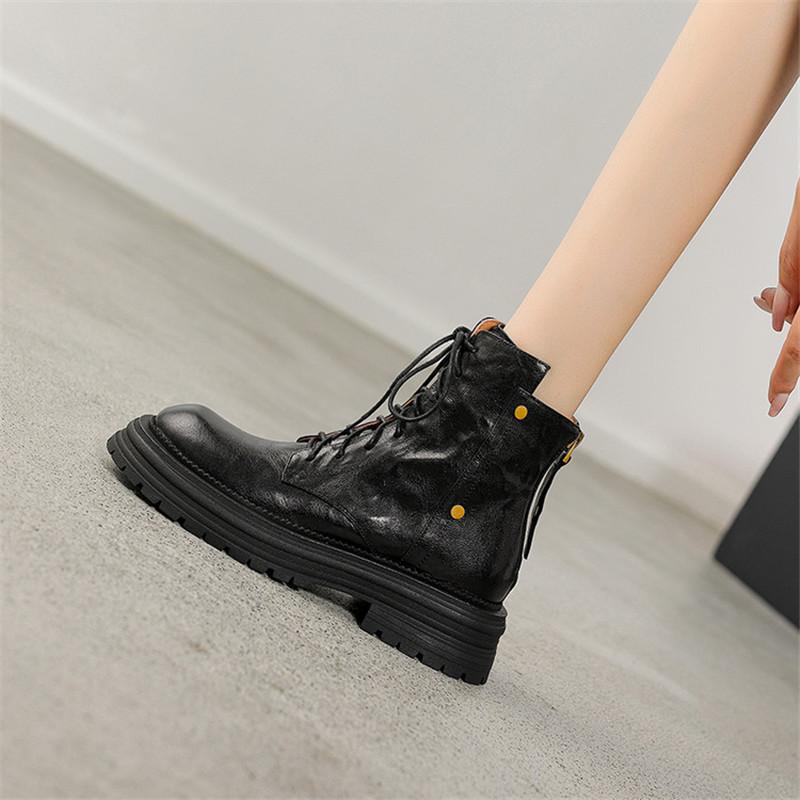 Fashion New Autumn/winter Genuine Leather Women Boots Round Toe Shoes for Women Fashion Boots Women Mid Heels Lace Platform Boots