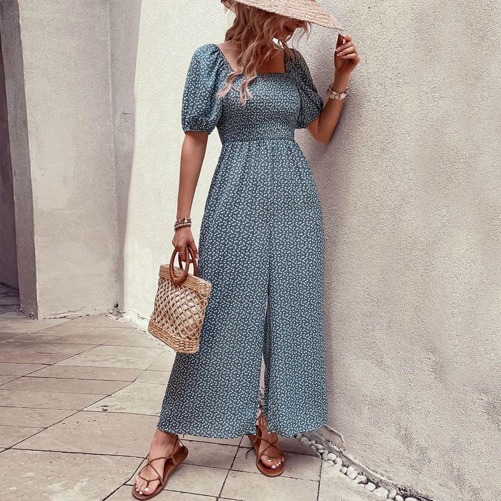 Women's Square Neck Puff Sleeve Wide Leg Printed Jumpsuit