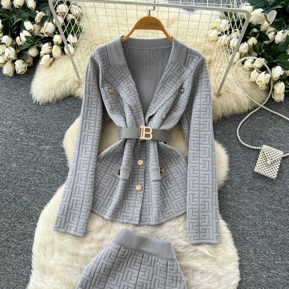 Autumn Winter Women Designer Knitted Sweater Two Piece Set Blazer Collar Cardigans Coat and Long Maxi Sheath Skirt Outfits With Belt