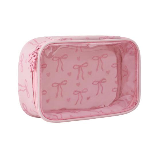 Pink Bow Makeup Bag Portable Cosmetic Pouch with Transparent Window Zippered Travel Cosmetic Organizer for Business Trip Vacation