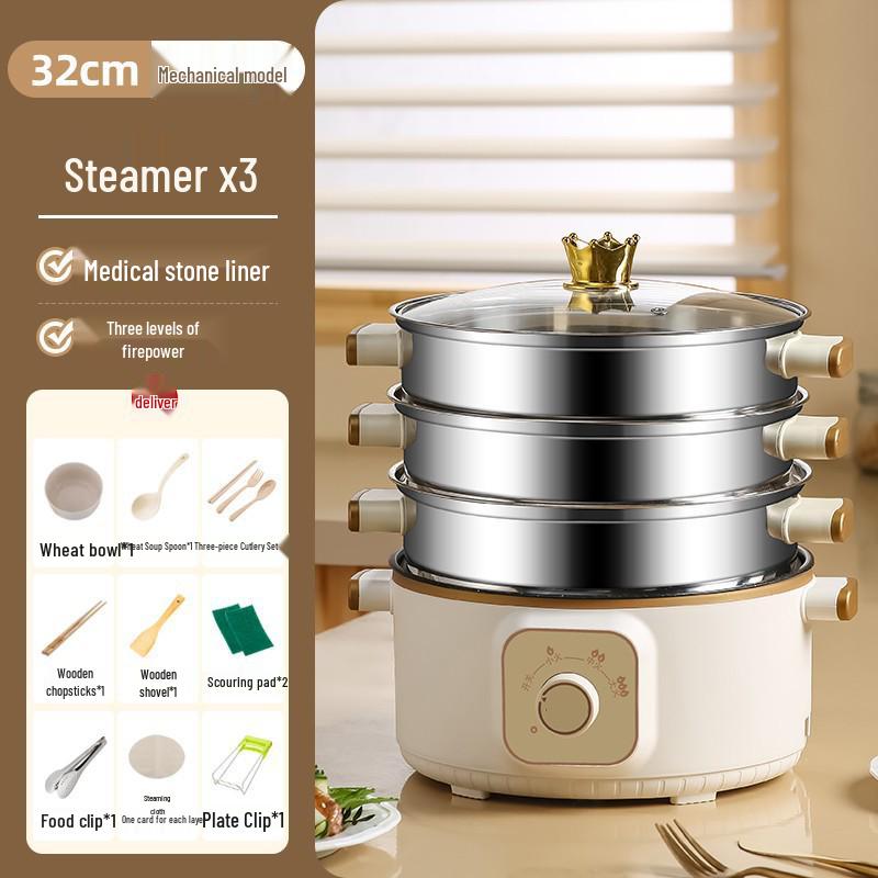 Wielofunkcyjny parowar elektryczny: Stal nierdzewna, Trójwarstwowy, Minutnik, do gotowania na parze, gotowania i duszenia