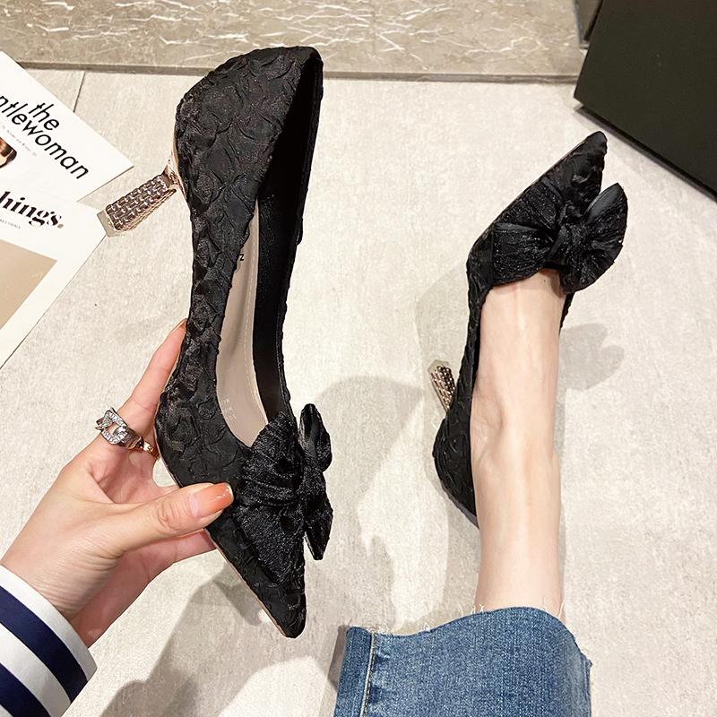 Green Silk Bowtie High Heels Pumps For Women Sexy Pointed Toe Metal Stiletto Heels Wedding Party Shoes Woman Spring Bombas
