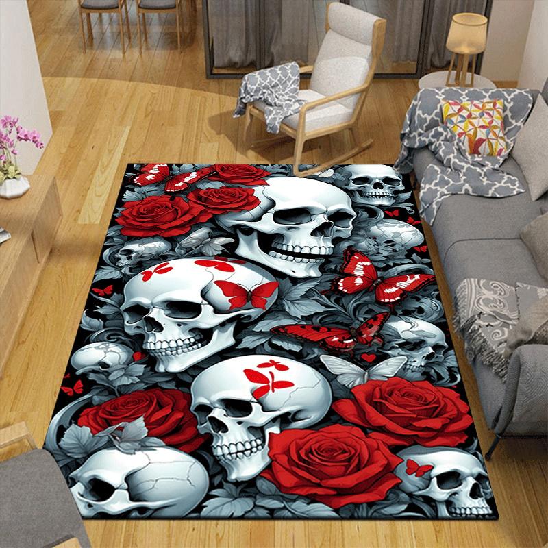 1pc Red Roses White Skulls Print, Design Indoor Area Rug - Soft, Anti-Slip, and Durable Gaming Room Decor for Bedroom, Living Room