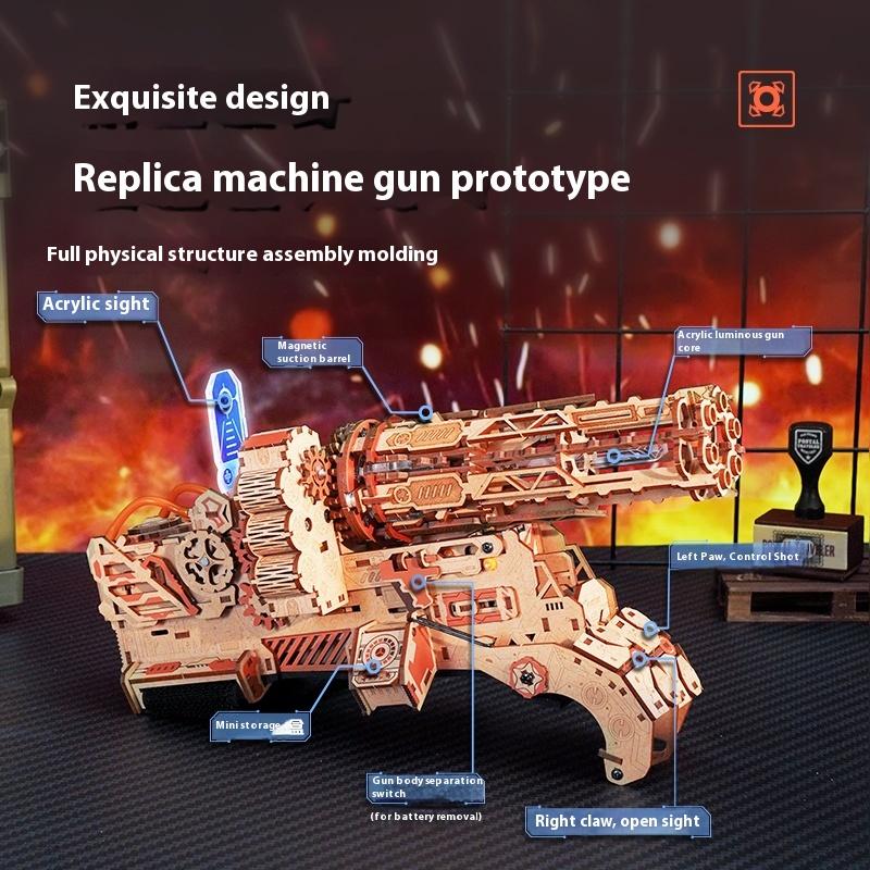 Handmade Diy Wooden Assembly Model Flame Storm Gatling Toy Rotatable Rubber Band Gun Children'S Assembly Toy Model