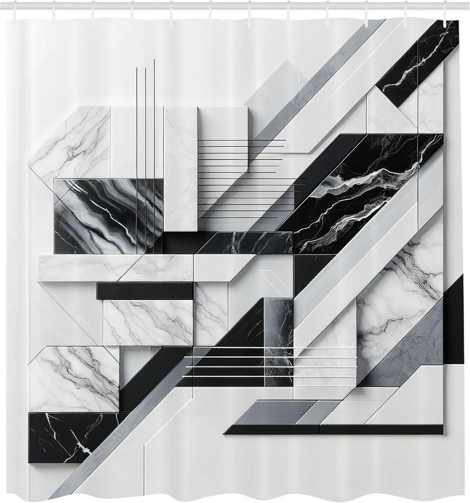Black And White Shower Curtain, Modern And Geometric Polygonal Shapes With Marble Print Effect, Cloth Fabric Bathroom