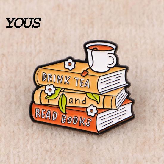 Artistic Enamel Pin Brooch Pin, Thick Zinc Alloy Base Brooch, Literary Tea Drink Book Lover Design Lapel Wear-Resistant Safety Buckle Gift Accessory