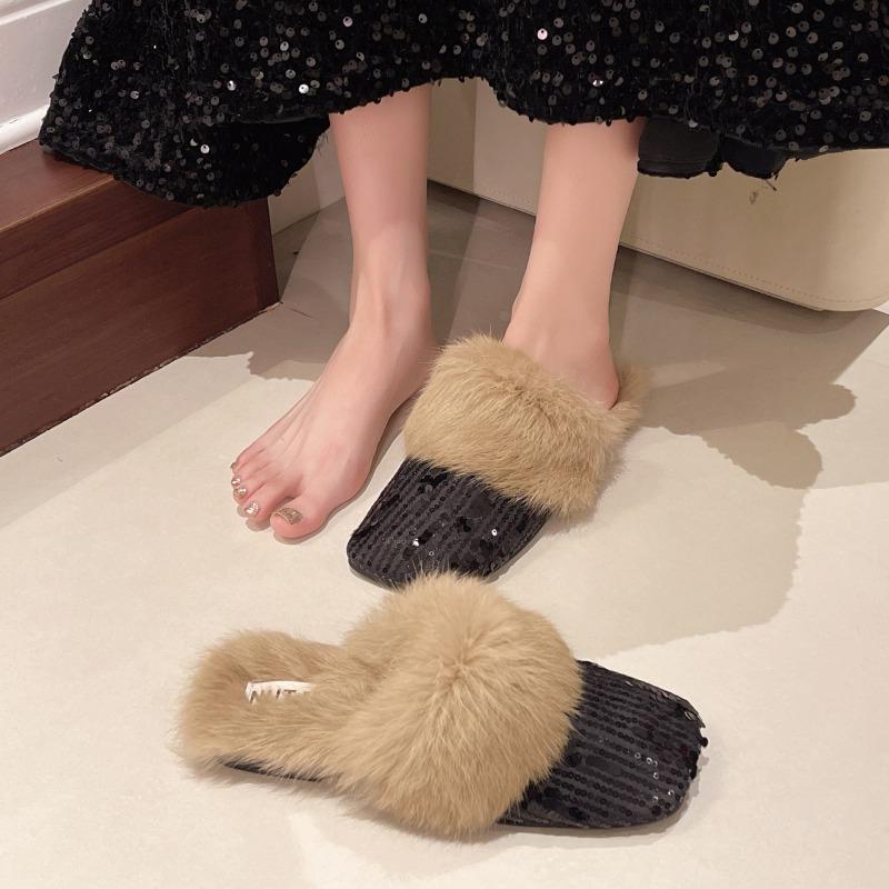

The 2026 New Autumn and Winter Flat Woolen Flip-flops for Women with Sequined Toe Caps and Skirt Shoes 35 чёрный