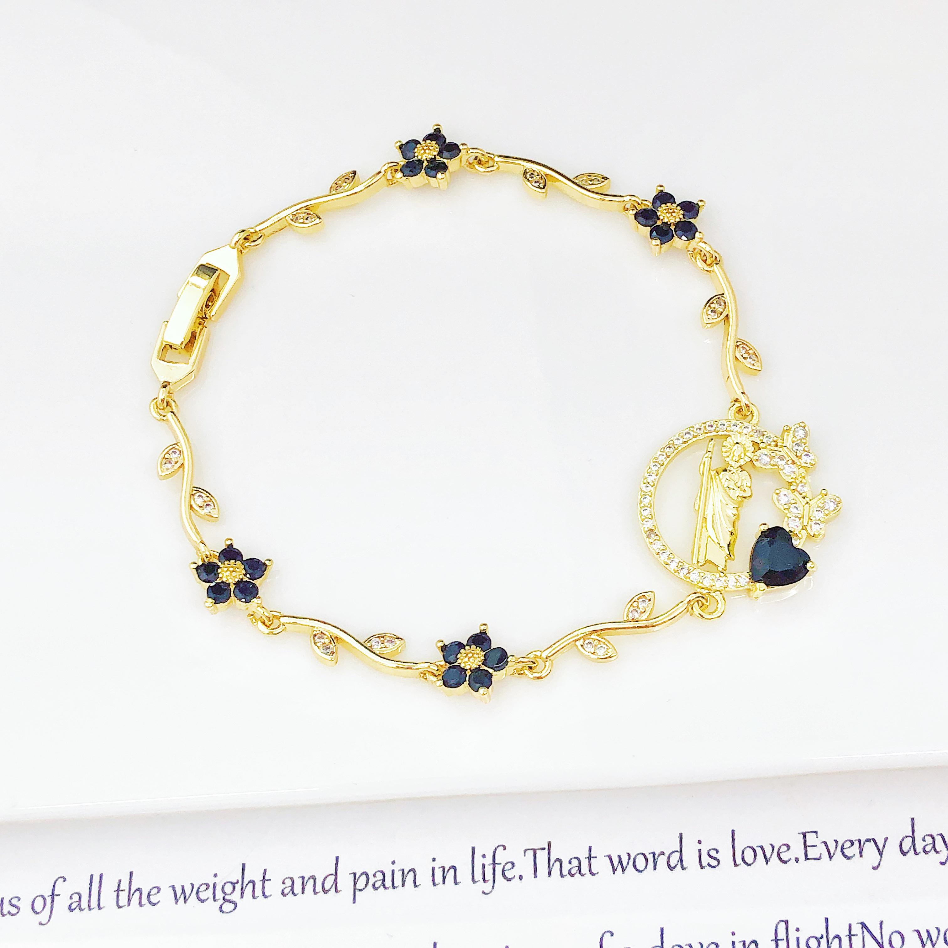 

New Design Gold Plated Religious St. Jude Rhinestone Flower Bracelet Fashion for Women Dainty Christian Jewelry Birthday Gift 19cm