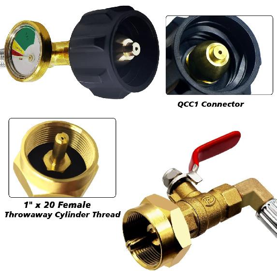 Upgraded 48" Stainless Braided QCC1 Type Inlet Propane Refill Adapter Hose Extension Propane Refill Hose with Gauge ON/Off Control Valve for 1LB
