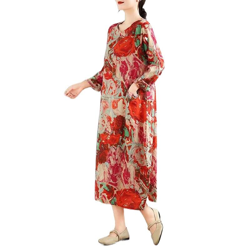 2025 Retro Printed Round Neck Long Sleeve Patchwork Dress Women