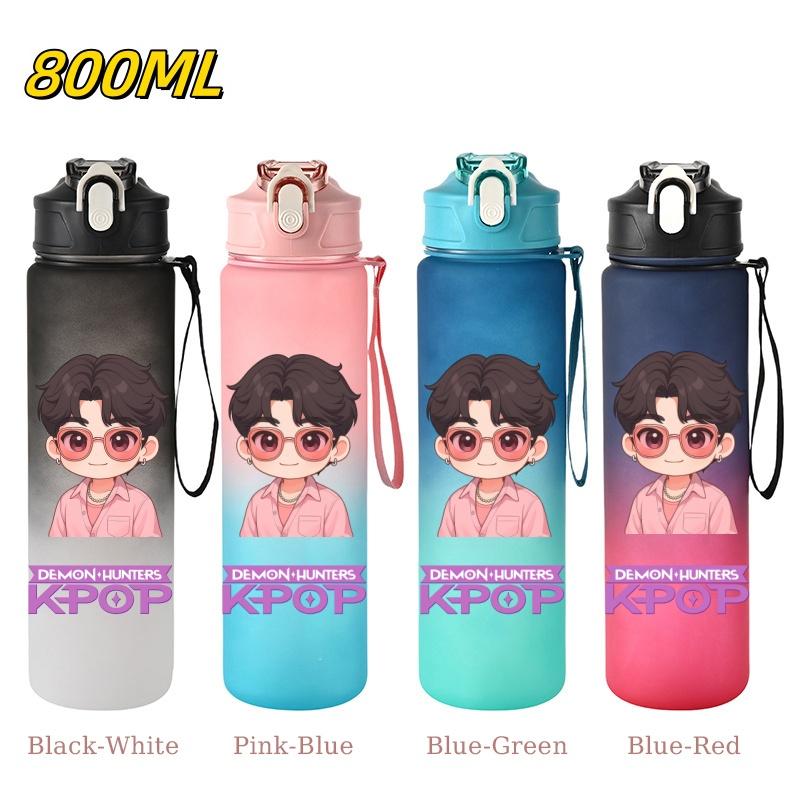 800ML KPop Demon Hunters Gradient Cartoon Print Large Capacity Straw Water Cup Outdoor Portable Sports Drink Bottles Travel Mug