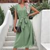 Women's Loose Casual V-Neck Belt Solid Color Dress Fashionable Dress Fashionable Dress