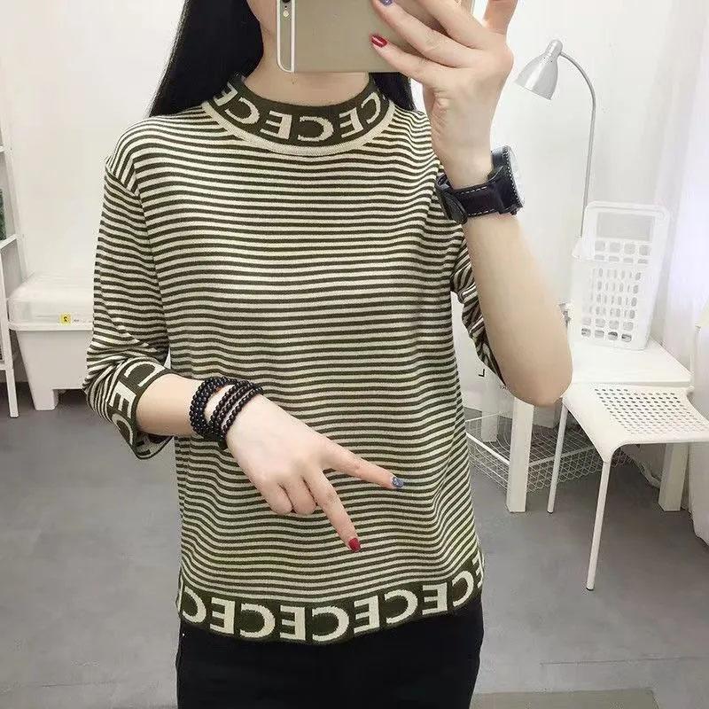 Slim Three-quarter Sleeve Mercerized Cotton Letter Half Turtleneck Sweater T-shirt Top for Women Spring and Autumn Korean