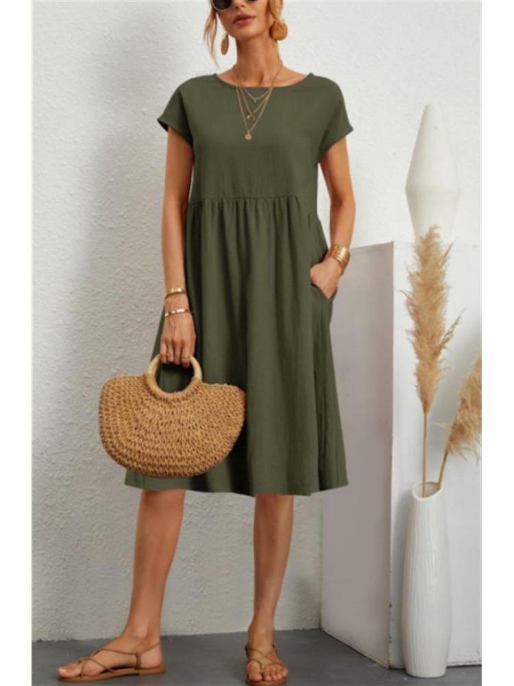 Summer Loose Fit A-line Skirt Women Plus Size Cotton Linen European American Style Round Neck S армия зеленый