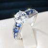 Silver Set Blue Zircon Sterling Silver Ring with Main Diamond Sparkle Design Vintage Court Dating Party Jewelry