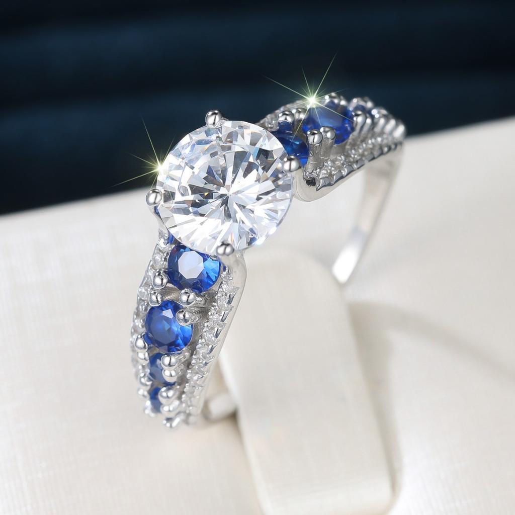 Silver Set Blue Zircon Sterling Silver Ring with Main Diamond Sparkle Design Vintage Court Dating Party Jewelry