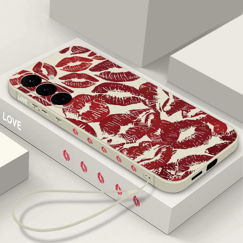 Red Lips Lanyard Phone Case For Samsung Galaxy A55 A53 A54 A35 A15 A16 A25 A36 5G S25 S23 S24 Ultra S22 Plus S24 FE Soft Cover