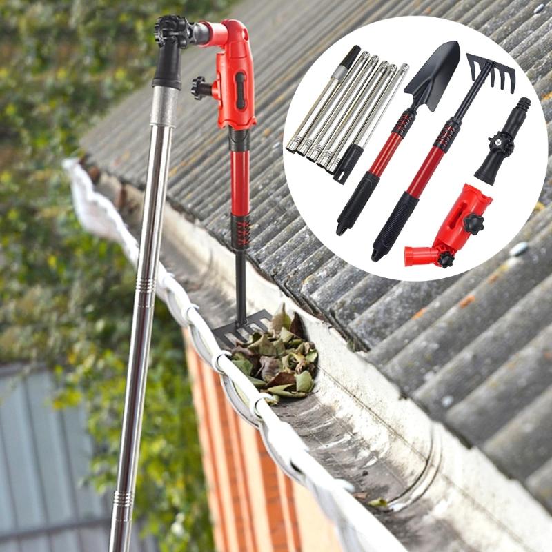 Universal Gutter Cleaner Kit 1.7M Poles With Interchangeable Head Plastic Metal Construction For Leaves Debris Clearance