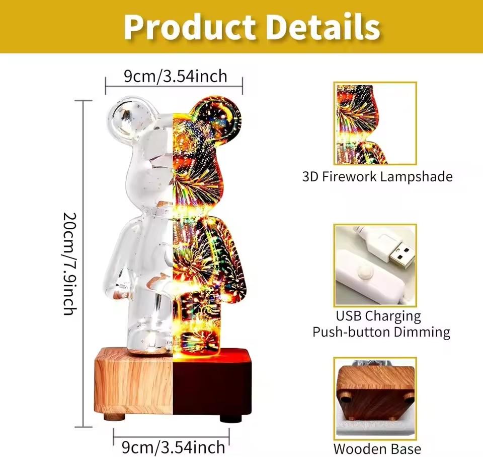 LED 3D Bear Fireworks Night Light USB Room Decoration Ambient Light Suitable for Children Room Bedroom Fireworks Bear Decoration