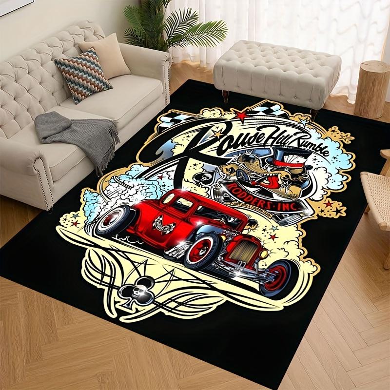 Vintage Hot Rod Car Area Rug, House Rock Rumble Skulls Print Floor Mat for Bedroom Garage, Man Cave Decor Rug, Washable Carpet