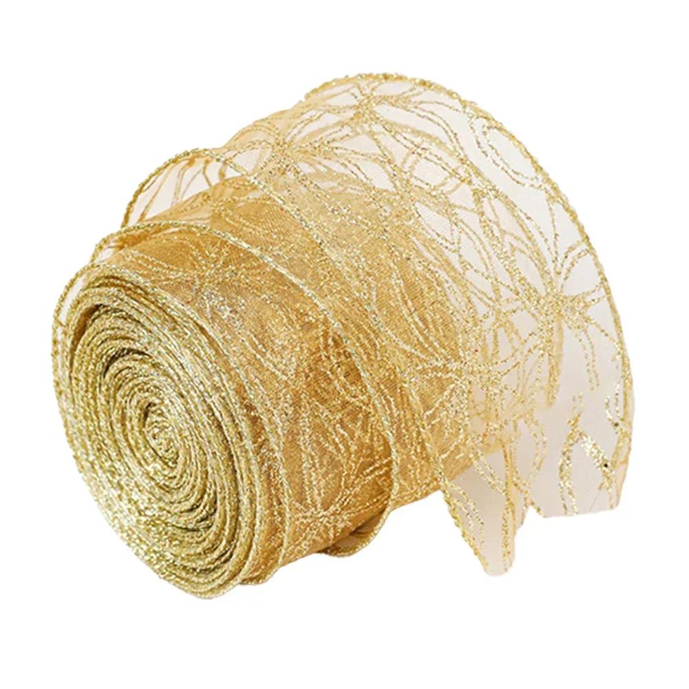 Gold Christmas Ribbon Transparent Mesh DIY Bow Craft Wrapping Wreath Xmas Tree Ornaments Navidad New Year Party Decor Ornaments
