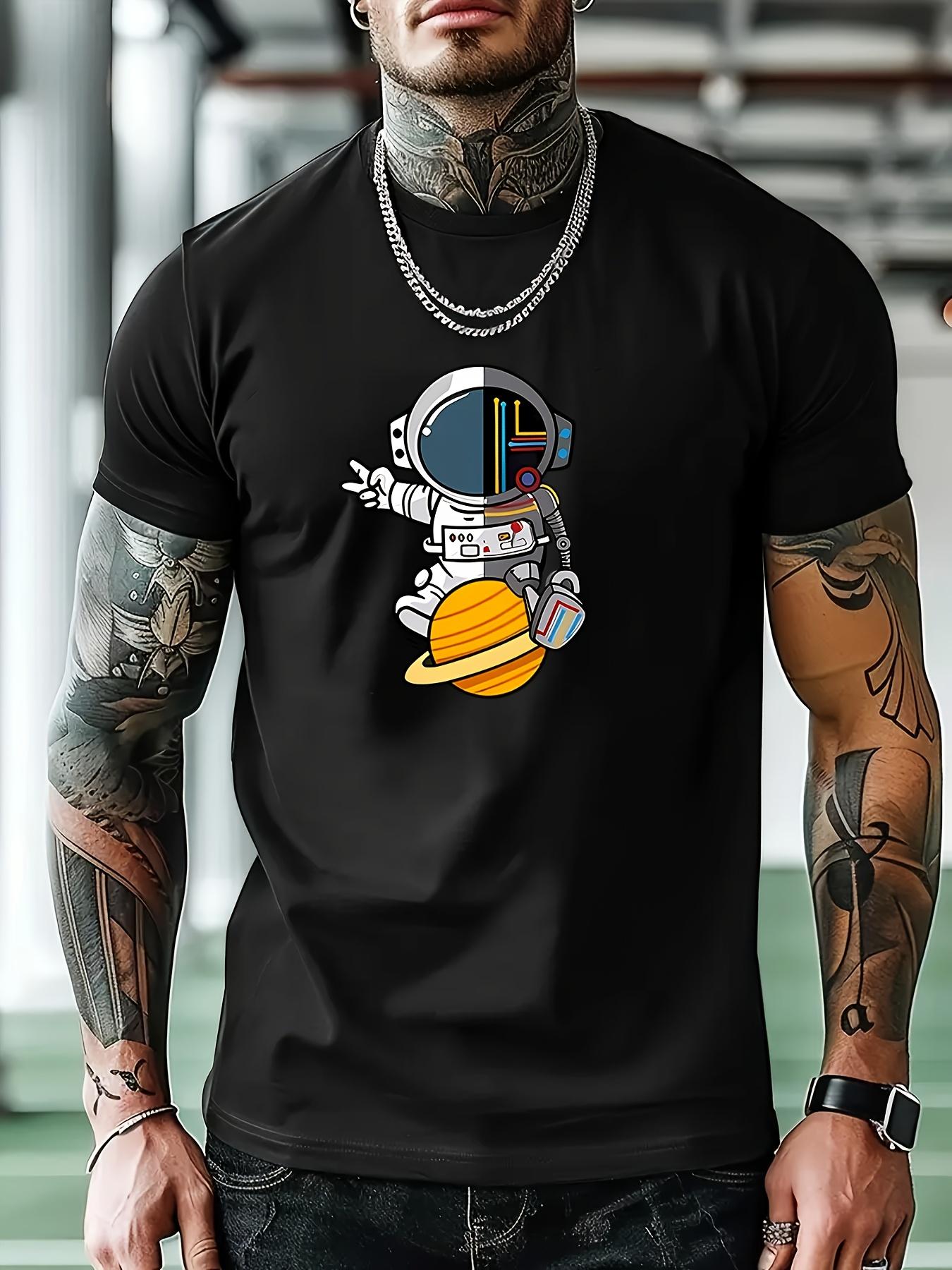[Everyday Comfort] Red Short-Sleeve Crew Neck T-shirt - Summer Casual Wear with Astronaut & Tool Graphic S