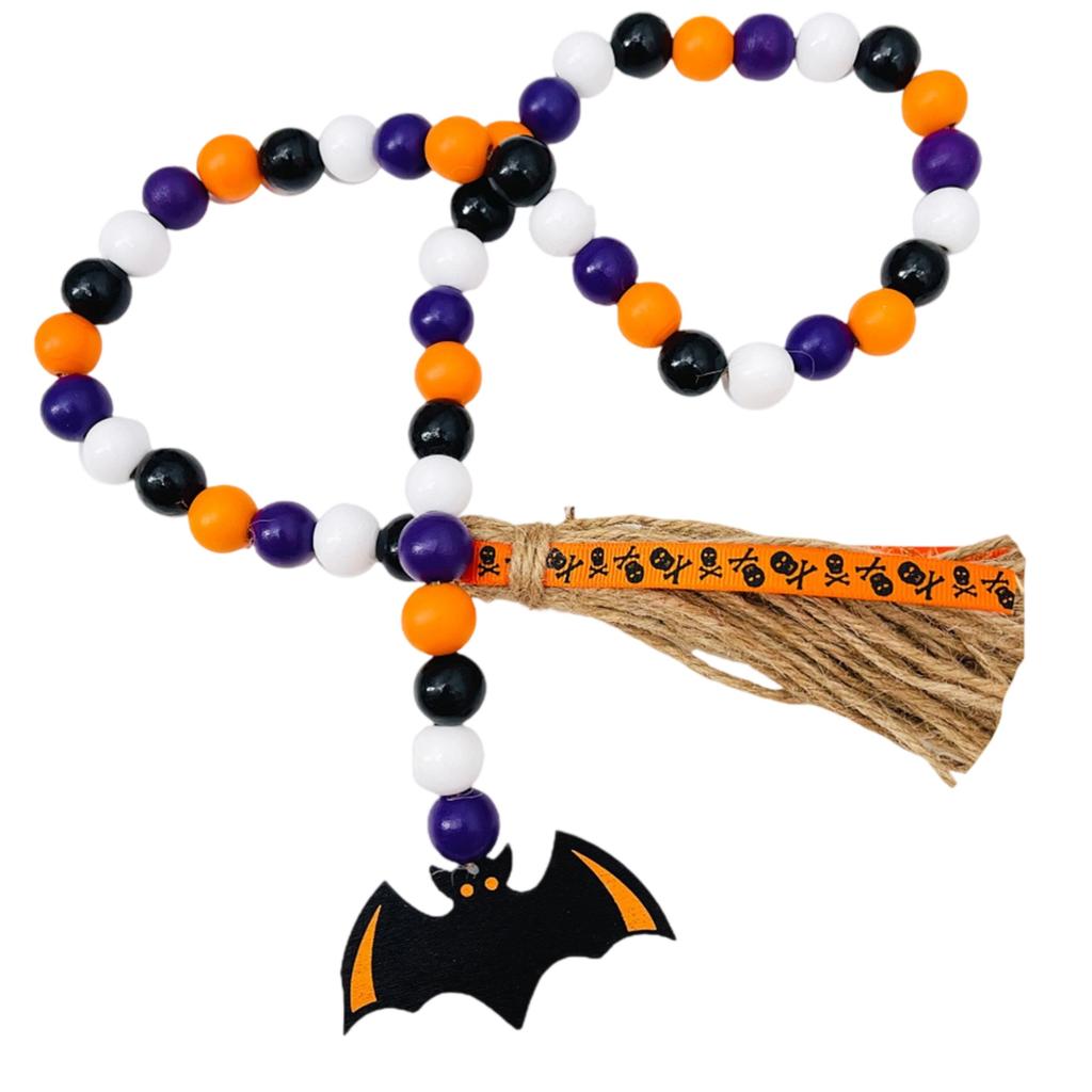 Spooky Halloween Wooden Beads Garland with Tassel and Pumpkin Skeleton Tag Tiered Tray Decor for Festive Home Party Supplies