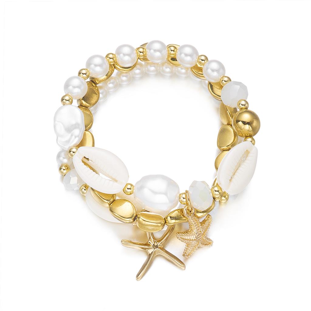 Boho Shell Imitation Pearl Elastic Bracelet Set for Women Dainty Starfish Stacked Beaded Bracelets Summer Beach Jewelry Gift