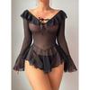 Plus Size Sexy Mesh Transparent Nightgown Rave Ruffle Bell Long Sleeve Off Shoulder Dress Lingerie Babydoll with Thong Nightwear