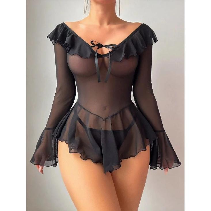 Plus Size Sexy Mesh Transparent Nightgown Rave Ruffle Bell Long Sleeve Off Shoulder Dress Lingerie Babydoll with Thong Nightwear