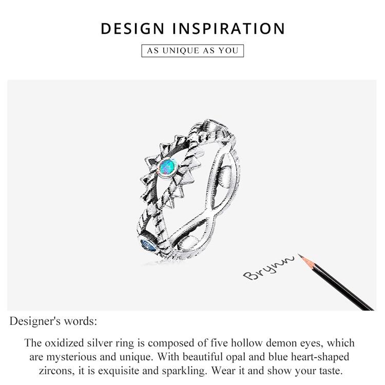 BAMOER 925 Sterling Silver Hollow Design Shining Demon Eye Ring for Women Cool Band Ring Size 6 7 8 Women Statement Jewelry Gift