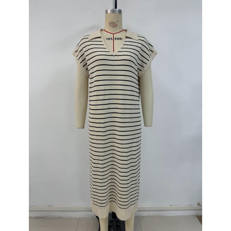 Women's Summer Sexy Knitted Striped V Neck Long Dress