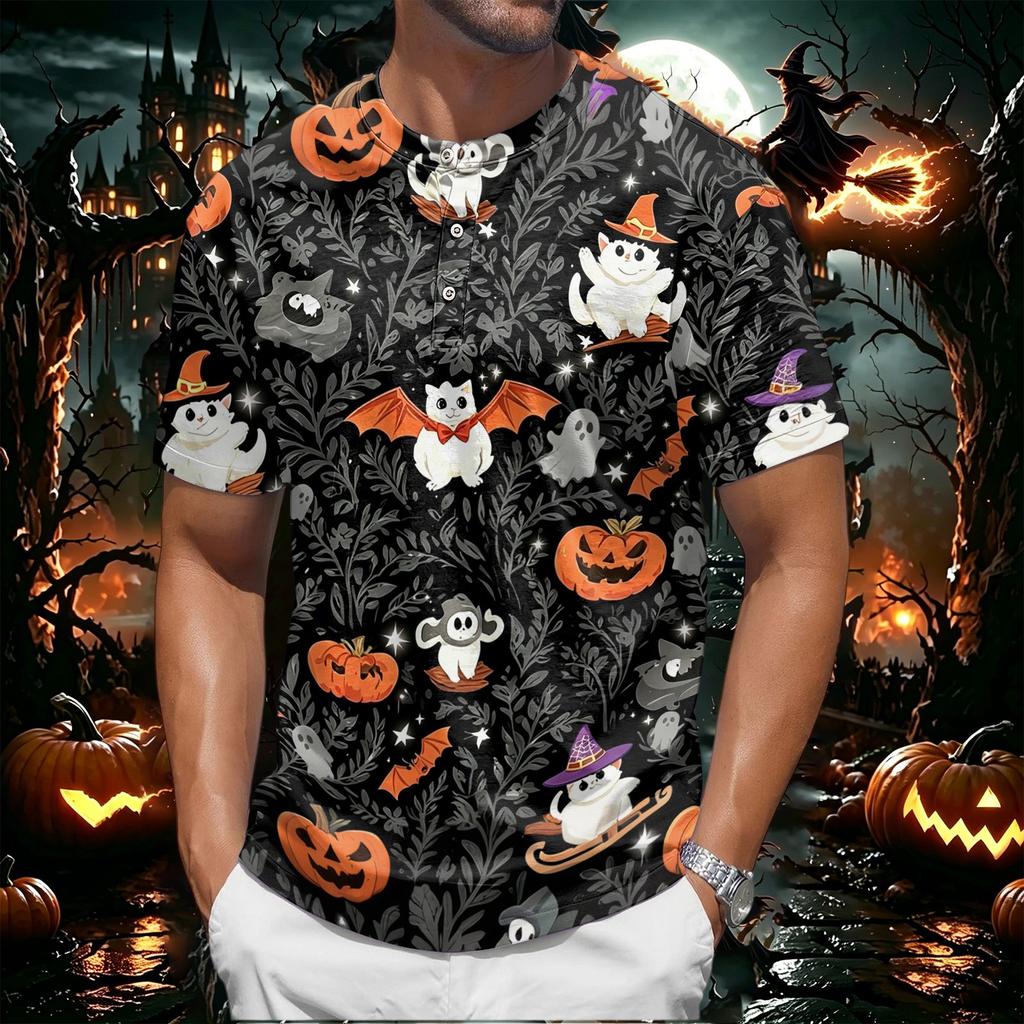 Men's Halloween Print Short Sleeve Henley Shirt Casual Round Neck Button Front Top for Seasonal Festive Wear