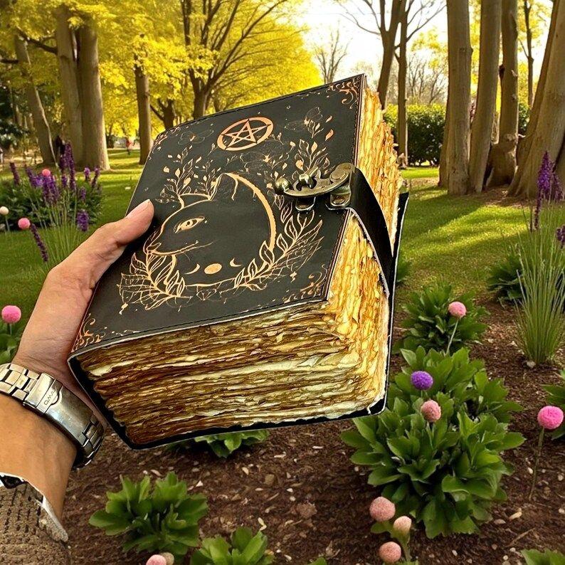 Grimoire Vintage Leather Journal, Celtic Cat Leather Journal, Blank Spell Book of Shadows Celestial Gifts For Him Her