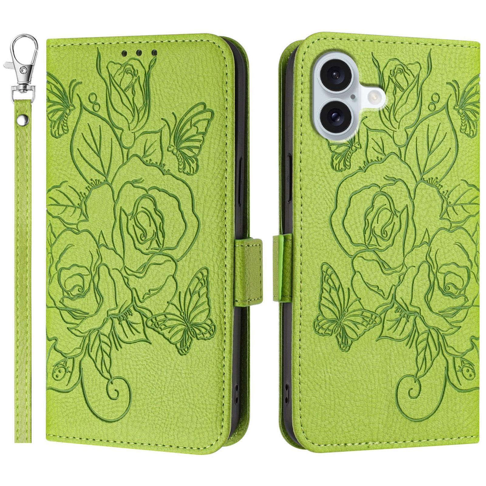 

For iPhone 16 Plus Case Rose Imprinted RFID Blocking Leather Phone Cover with Strap Green