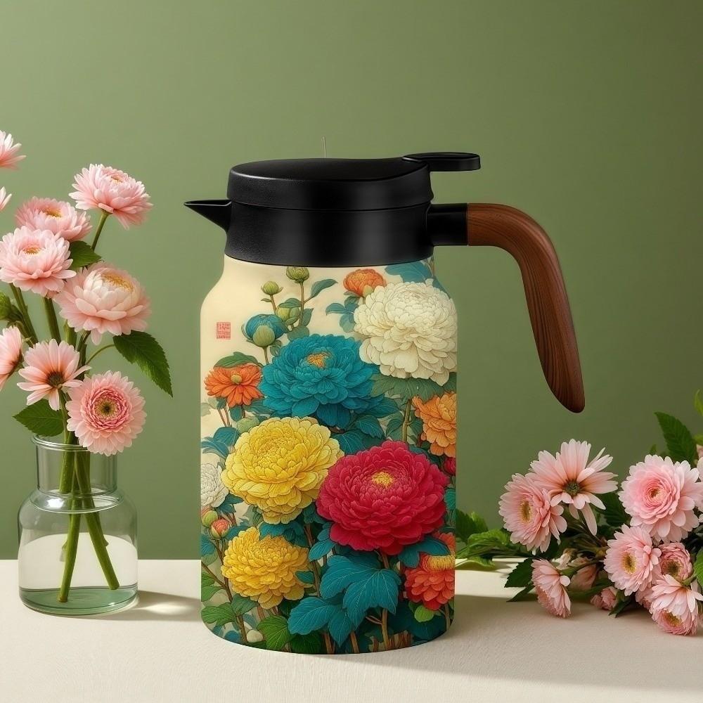 Retro Flower Insulated Kettle Hot Water Vacuum Flask Chinese Style Thermos Bottle Office Use
