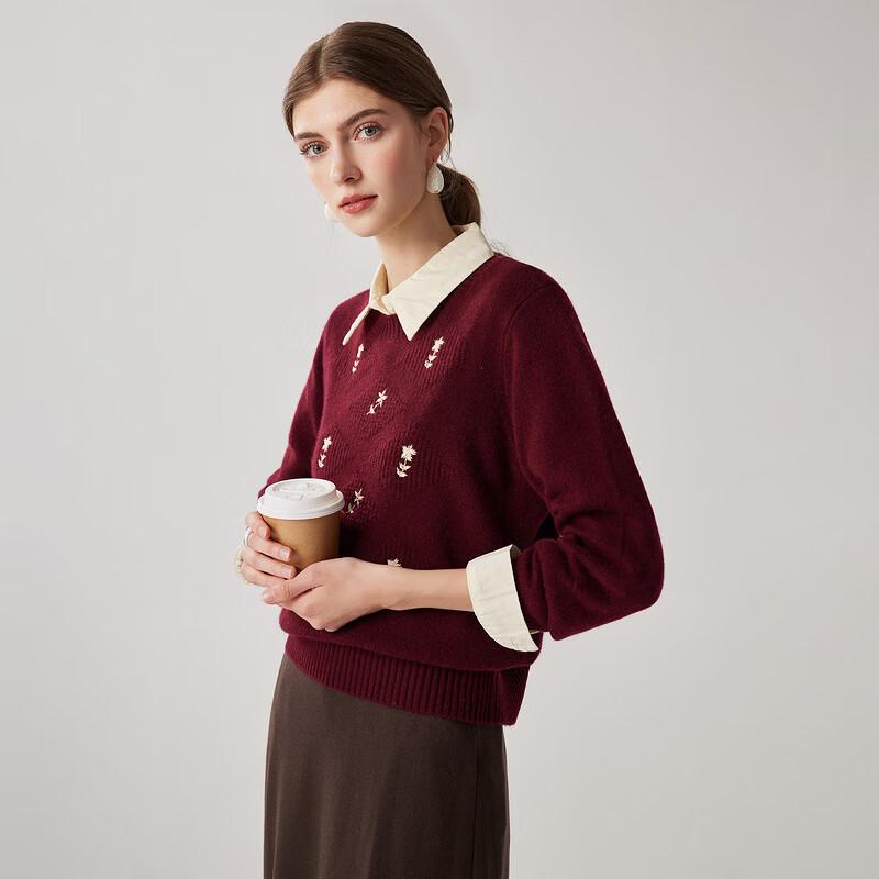 Zhaojun Women's 100% Cashmere Thickened Embroidered Crewneck Sweater