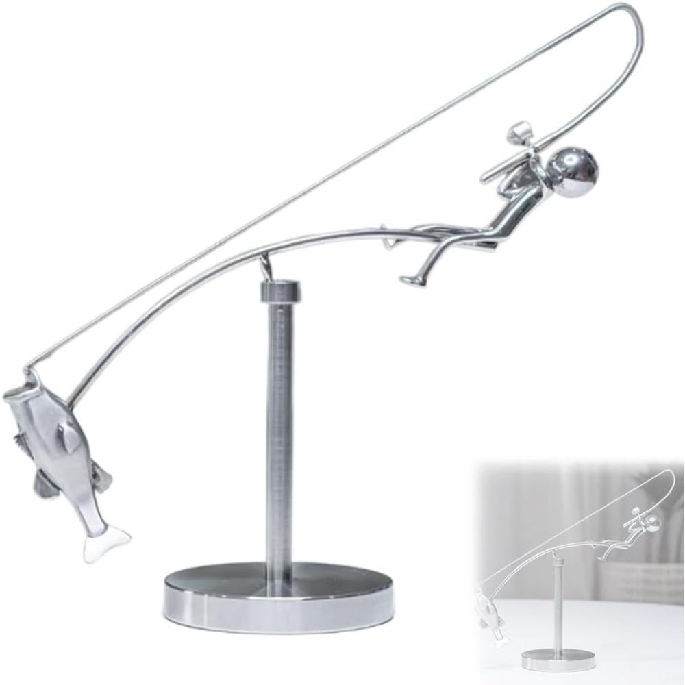 Ručně vyrobená kinetická rybářská socha Stolní ozdoba Kovová Socha rybáře v rovnováze Socha kinetické rovnováhy Dárek