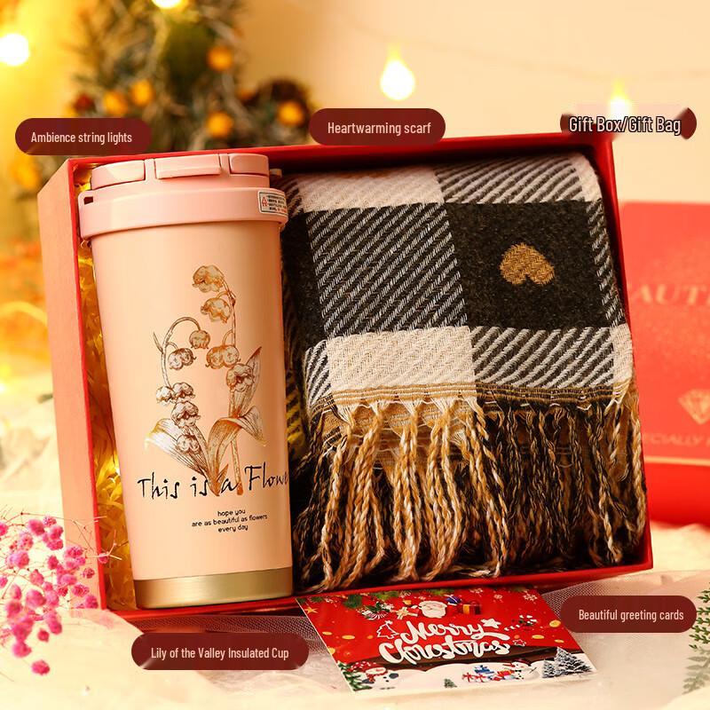 Christmas Thermal Cup & Plaid Scarf Gift Set Set-37