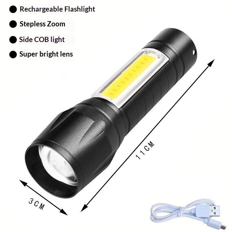 Rechargeable Led Flashlight Super Bright Mini Work Light 3 Modes Waterproof Portable Cob Tactical Torch Zoomable Camping Lantern