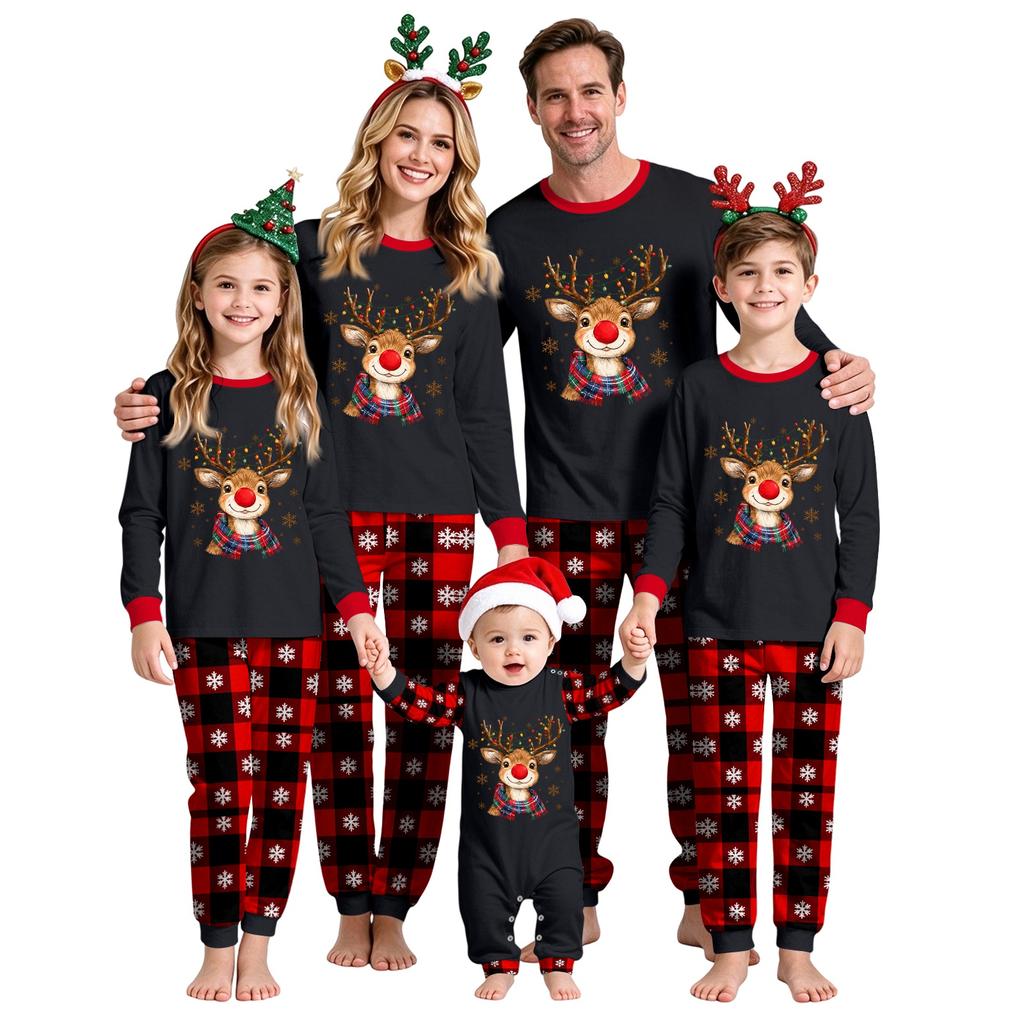 Christmas Family Matching Outfits Crewneck Printed Top and Pants Set for Holiday