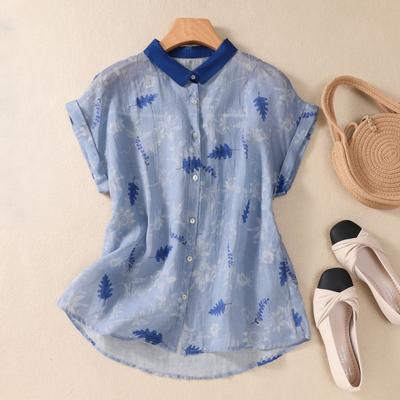 Summer Thin Cotton Linen Artistic Retro Printed Shirt Top for Women Blouses & Shirts
