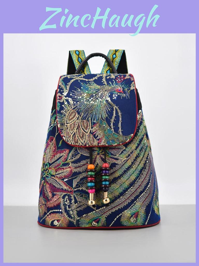 Bohemian Style Canvas Shoulder Bag With Embroidery And Glitter Details For Commuting
